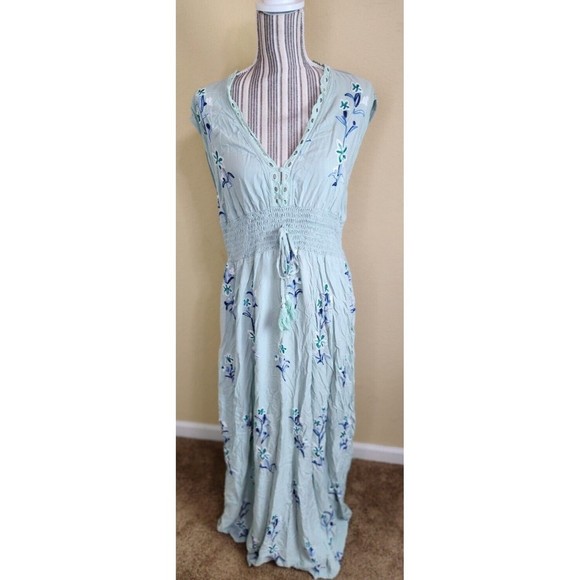 Hekka Blue Embroidered Floral V-Neck Cap Sleeves Maxi X-line Dress size XXL - Picture 1 of 16